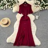 Vestido de Punto Sencillo y Elegante Estilo Europeo y Americano para Mujer Verano de Punto de un Solo Botón con Abertura Diseño Adelgazante Falda Larga Elegante