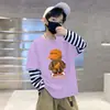 Linda Moda Dibujos Animados Estampado Algodón Puro Falso Dos Piezas Camiseta para Bebés Niños 2026 Otoño Manga Larga