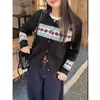Cardigã de tricô Fair Isle romântico retrô americano para mulheres, camisa base color block outono e inverno, casaco suéter jacquard de manga longa