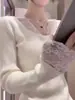 Suéter de Tricô Patchwork com Renda Estilo Francês para Outono e Inverno, Corte Justo, Base Branca, Blusa de Manga Longa para Mulheres