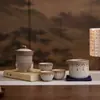 Conjunto de Chá Portátil para Viagem Estilo Tang e Song, Copo de Infusão Rápida, Um Bule, Três Xícaras, Conjunto de Chá Cerâmico para Acampamento ao Ar Livre