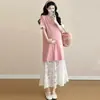 Vestido de Verano Nuevo Blanco Grulla de Almohada Talla Grande MM Gordita Encaje Francés Patchwork Manga Corta Diseño Adelgazante Cubre Carne Sentido Positivo