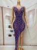 Vestido Transparente Dividido, Perlas Moradas y Pedrería, Disfraz de Fiesta de Cumpleaños, Sin Mangas