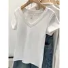 Al por mayor Transfronterizo Verano 210g 40 Unidades Hilo de Algodón Cuello en V Hombro Derecho Ajustado Manga Corta Camiseta Mujer Talla Grande Top