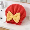 Touca Seca Cabelo Fofa Laço Casa Coral Fleece Espessado Absorção de Água Secagem Rápida Feminina Cabelo Longo Touca de Banho para Limpar Cabelo