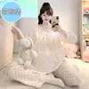 Pijama de Algodón Nube para Primavera, Otoño e Invierno con Almohadillas Fijas en el Pecho para Mujer, Ribete de Encaje, Talla Grande 110 kg Conjunto de Ropa para el Hogar