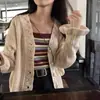 Novo Casaco de Lã Vazado Vintage Coreano Chic de Início de Outono Suéter Crochê Estilo Preguiçoso Cardigan Tricô de Gola V para Mulheres