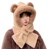 Conjunto de Chapéu e Cachecol de Pelúcia para Mulheres, Protetor de Pescoço de Inverno, Design Fofo de Urso, Estiloso e Versátil para Outono e Inverno, Chapéu da Moda e Quente para Proteção das Orelhas