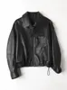 Chaqueta de Piel Genuina HN6116 Estilo Retro Americano con Diseño de Elefante Piel de Oveja Cuello Solapa Ligera Chaqueta Corta de Motociclista para Mujer
