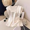 Camiseta Lisa de Cetim de Manga Curta em Estoque Camisa Feminina 2026 Verão Fina Elegante Blusa de Decote V Slim Fit Top