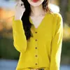 Nuevo cárdigan de punto de algodón puro con cuello en V para otoño e invierno para mujer, suéter holgado de talla grande, ropa de mujer, top de manga larga de alta gama