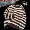 Suéter de Rayas con Cuello Redondo para Hombre Otoño e Invierno Estilo Japonés Retro Perezoso Tejido Suéter Marca de Moda Base Interior Suéter Chaqueta de Manga Larga