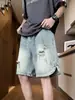 Shorts Jeans Rasgado Lavado Estilo High Street Americano 2025 para Homens, Calças Casuais de Cinco Pontos Retas Soltas da Moda de Verão para Homens