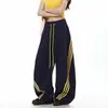 Calça Esportiva Pesada com Três Listras Americanas, Barra Curva, Marca Tendência Masculina, Primavera, Solta, Caimento Fluido, Perna Larga, Casual, Longa