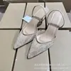 Para Otoño Nuevos Zapatos de Mujer Malla Bordado Bordado con Cuentas Punta Fina Slingback Mules Tacones Altos Punta Cerrada Sandalias de Tacón de Aguja con Lentejuelas