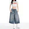 Calça Jeans Cropped Reta Vintage Lavada com Efeito Rachado Estilo Americano para Mulheres, Novo Lançamento Verão 2026 Calça de Comprimento Médio Solta Efeito Emagrecedor Perna Larga