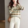 2025 Talla Grande Primavera y Otoño Nuevo Estilo Retro Rayado Manga Larga Moda Cuello en V Reductor de Edad Top Cárdigan de Punto