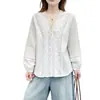Especial Outono Nova Chegada 100kg Elegante Camisa de Manga Longa com Patchwork de Renda e Decote em V para Mulheres Plus Size 0724