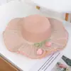 Chapéu de Palha de Verão para Mulheres Adultas com Aba Larga, Flores Dobráveis, Renda Fresca e Doce Estilo Princesa Chapéu de Sol Versátil