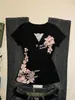 Camiseta Retro Americana 2026 Estampado Floral Azul para Mujer Encaje Patchwork Cuello en V Ajustada Manga Corta Top vintage