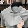 Camiseta de Punto de Manga Corta para Hombre de Verano Camisa Polo Jacquard Fresca de Seda Lino Tencel Algodón para Hombre
