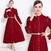 Vestido Retro de Renda com Gola Alta, Mangas Bufantes, Cintura Abotoada e Barra Ampla, Saia Elegante de Comprimento Médio com Cinto