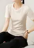 2025 Novo Top de Malha Canelada com Gola Redonda de Manga Curta Slim Fit Versátil para Mulheres, Camiseta Esportiva Casual Fina de Primavera e Verão