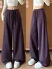 Calça esportiva roxa com barra curva para mulheres, novo estilo outono 2026, cintura alta, solta, perna reta, perna larga, calça de moletom casual estilo americano