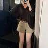 Shorts de mezclilla color caqui para mujer, verano, finos, de cintura alta, holgados, adelgazantes, línea A, elásticos, de pierna ancha, hot pants para cuerpo en forma de pera