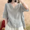 Camisa de Lino y Algodón de Color Sólido con Cuello en V Pulóver Literario de Gama Alta para Mujer Top Holgado Versátil Camisa Corta Pequeña