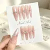 Unhas postiças, feitas à mão, gradiente rosa nude, incrustadas com pérolas e strass, laço, delicadas, clareadoras da pele, longas, para uso diário, removíveis, peças de nail art