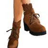 2025 Nuevas Botas de Mujer de Gran Tamaño para Exportación Transfronteriza Punta Redonda Tacón Alto Botines con Cordones Cremallera Trasera Encaje Temu