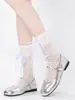 Meias arrastão vazadas estilo balé, meias finas translúcidas de meia-panturrilha para primavera e verão, meias Lolita com laço JK, meias elásticas versáteis para mulheres