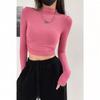 Pura sexy ajustado adelgazante diseño plisado cuello alto pequeño corto ombligo camiseta interior manga larga camiseta top verano