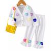 Traje de otoño e invierno 2024 para niña de comercio exterior, conjunto de dos piezas para bebé y niño, cárdigan de punto con cuello en V y estampado de flores, pantalones