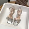 Sandalias de Verano Dulces con Lazo de Pedrería Estilo Hada Plata Transparentes de Una Tira Tacón Grueso Zapatos de Tacón Alto para Mujer