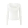 Camiseta Básica de Manga Larga para Mujer, Color Sólido, Elástica, Cuello en U Sexy, Bolsillo, Ajustada, Define la Cintura, para Otoño