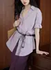 Camisa Elegante de Renda com Decote em V para Mulheres EryangJinshu de Algodão e Linho, Top Soltinho de Meia-Manga para o Dia a Dia