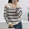 Suéter de Punto Pullover Rayado con Cuello Azul Marino de Lyocell Tencel 2026 Nuevo Top Base de Manga Larga para Mujer