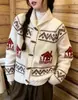 Chegada nova outono e inverno estilo coreano cardigan de tricô jacquard estilo vintage feminino com padrão de casa, casaco suéter solto e grosso