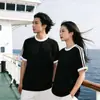 Camiseta Trendy de Estilo Americano de Peso Pesado con Mangas Cortas para Hombres y Mujeres, Algodón Puro, Nuevo Ajuste Holgado de Verano, Top de Tres Rayas, Camiseta para Comercio Transfronterizo
