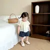 Conjunto de Dos Piezas de Verano para Niña Estilo Coreano con Bordado Fresco, Camisa Estilo Babydoll con Mangas Abullonadas Combinada con Shorts Azules Marinos Estampados