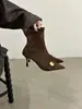Primeiro Encontro Botas Elásticas de Bico Fino Salto Agulha Ji French Femininas Outono/Inverno Novo Estilo Fivela de Metal Botas Emagrecedoras Botas Curtas Temperamento Versátil