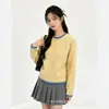 Suéter de encaje con bloques de color estilo coreano inspirado en la universidad para mujer, nueva colección otoño/invierno, suave y cómodo, corte relajado, cuello redondo, cierre de media botonadura, jersey holgado