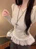 Camiseta de manga larga fina con dobladillo de encaje blanco coreano para mujer, Otoño e Invierno, con lazo, en capas, moderna