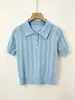 Camisa polo de estilo francés, cuello abierto, manga corta para mujer, ajuste slim de verano, adelgazante, elegante y top de punto ligero