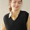 Chaleco de punto de cachemira grueso sin mangas con cuello en V, estilo artístico elegante para commuting, otoño e invierno, chaleco para mujer