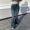 Marca independente 2026 jeans boca de sino azul nostálgico estilo retrô americano para mulheres, calças de ferradura justas para outono