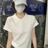 Camiseta de Manga Corta de Moda con Cuello Polo, Hilo de Algodón Lavado de Verano para Mujer, Versátil para el Trabajo, Top Raglán Elegante y Adelgazante