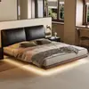 Cama Youbaoni de Cuero Semi-Verde Estilo Oreja de Elefante con Suspensión de Ensambles, Cama Completamente de Madera Maciza para Dormitorio Principal, Cama Matrimonial con Tapicería Suave